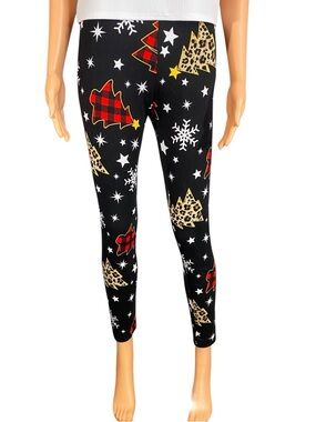 8 of Hearts Black Leggings Holiday Print Loungewear Festive Rustic Casual SZ SM